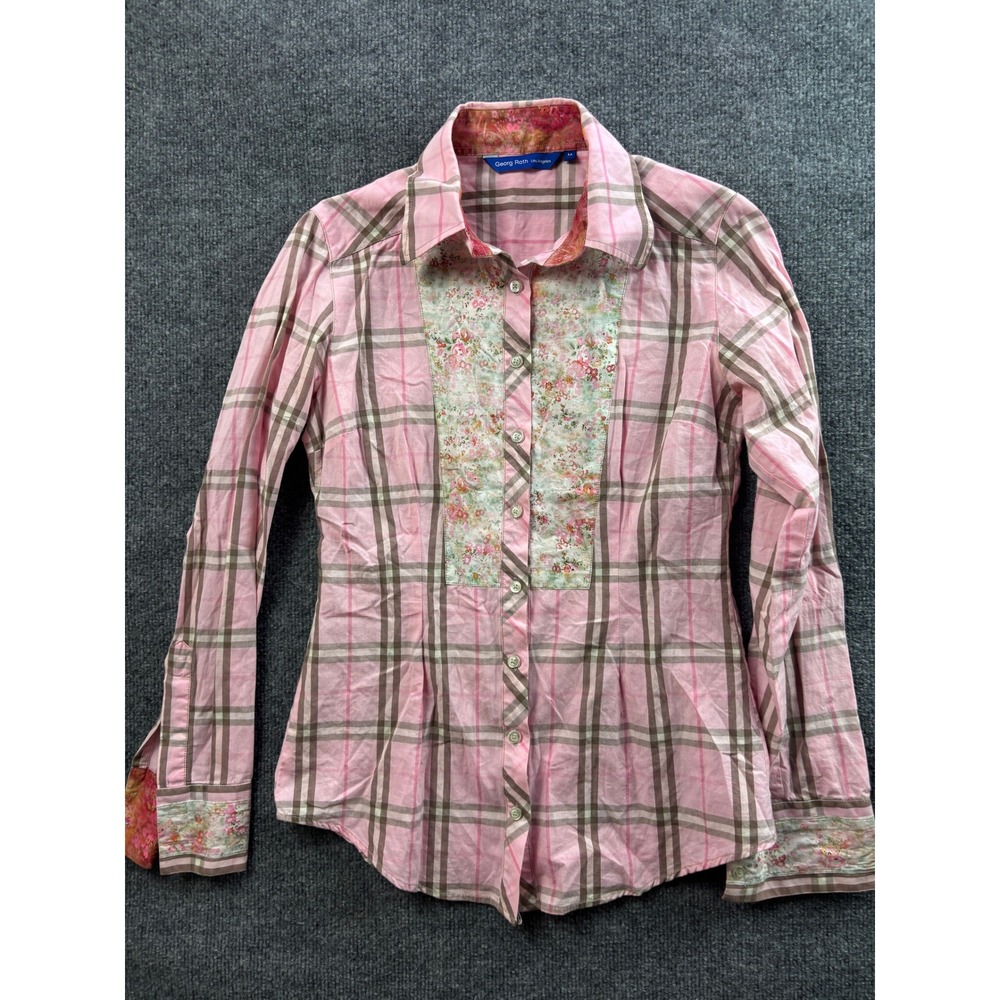 Georg Roth Button Down Shirt Womens M Pink Plaid Floral Contrast Long Sleeve